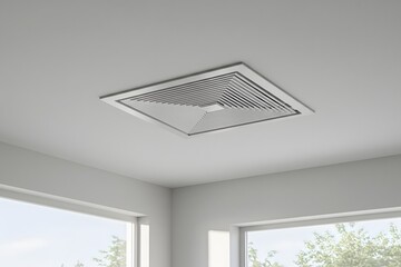 Ceiling mounted duct fan with air vent for bathrooms or kitchens to remove humidity and odors, modern design, Plastic grille for air conditioning vents on the ceiling, a white square ceiling vent, wal