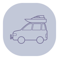 Compact vehicle equipped with boat on its roof ready for outdoor adventure. Trip to lake or river for water activities concept