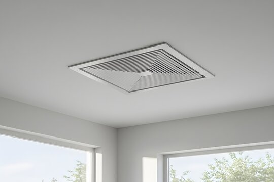 Ceiling mounted duct fan with air vent for bathrooms or kitchens to remove humidity and odors, modern design, Plastic grille for air conditioning vents on the ceiling, a white square ceiling vent, wal