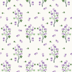 A seamless wallpaper with dark purple and light purple flowers, beige background, vector format