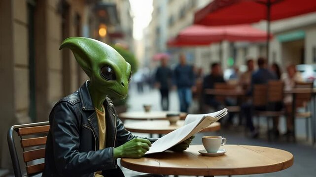 An alien enjoying coffee and reading a newspaper in an urban cafe