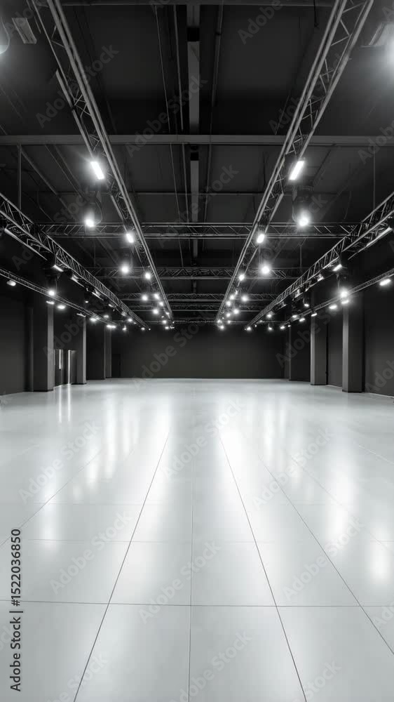 Poster large empty hall with grey tile floor, ceiling with steel support structure and rows of stage lights