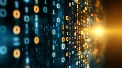 Binary Code Stream: A dazzling display of digital binary code cascading in a sleek stream, illuminated by a warm glow, represents the sophisticated flow of information and the power of technology.