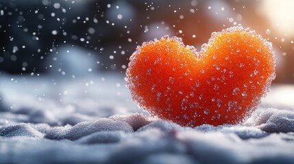 Fototapeta premium Heart-shaped orange jelly candy covered in sugar crystals resting on snow with a warm backlight and snowflakes