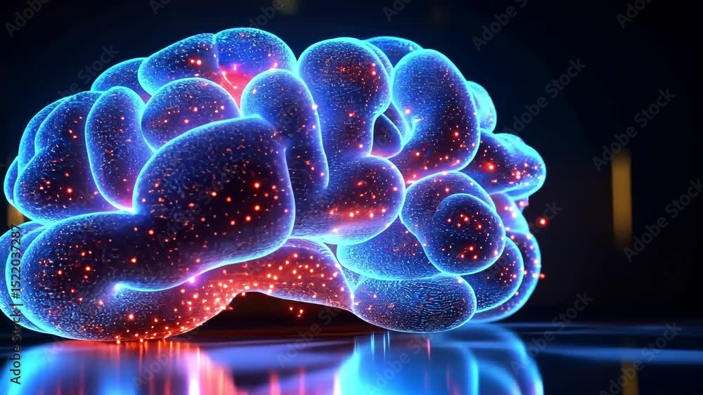 Poster futuristic digital brain visualization with glowing neural connections