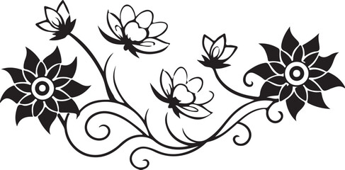 Black and white floral design elements featuring vector flower, leaf, and swirl illustrations for vintage ornamental art and decor patterns