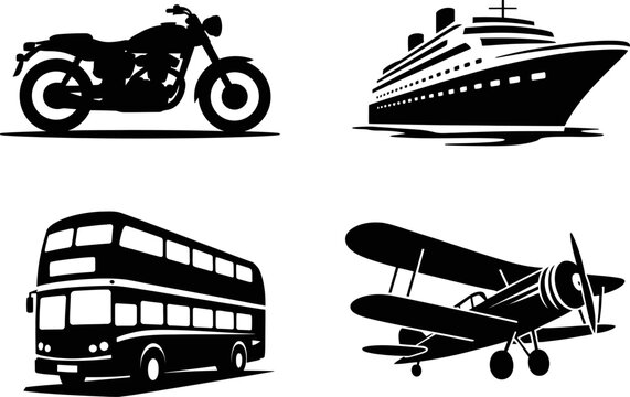 Transportation icons set motorcycle cruise ship double decker bus and airplane vector illustration editable stock vector illustration