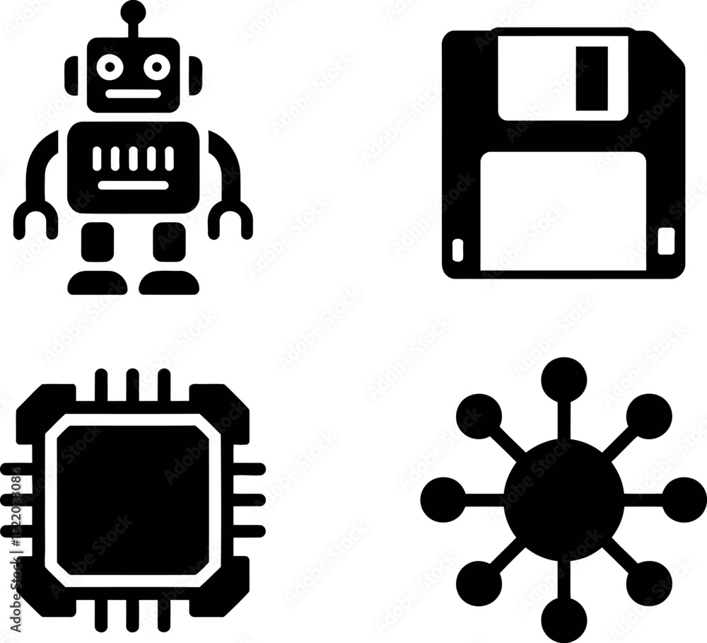 Poster robotics technology artificial intelligence and computer hardware vector icons set for graphic desig