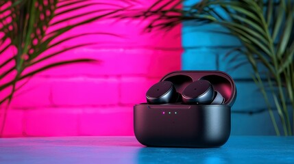 Modern Soundscape: Sleek wireless earbuds resting in their charging case, a testament to modern audio technology. The image is a vibrant display of innovation, perfect for tech enthusiasts.