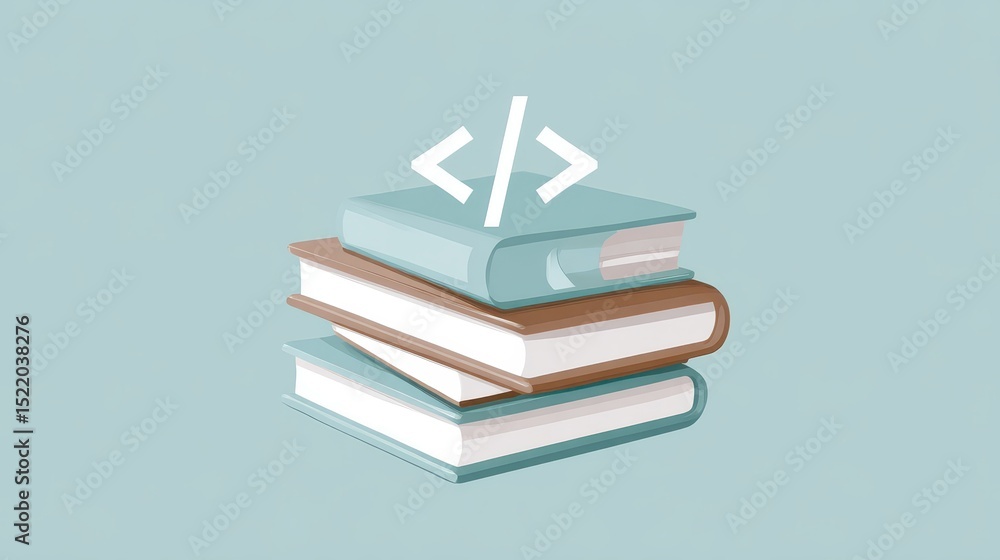 Poster colorful stacked books with code symbols representing learning and technology
