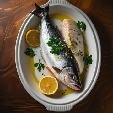 Fresh salmon on a white plate with lemon and parsley in a fish restaurant on a wooden table