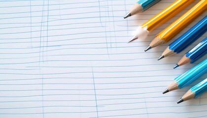 Colored Pencils Lined Up on Blank Paper in Vibrant Shades of Blue and Yellow