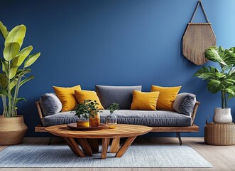 Modern Living Room Decor with Dark Blue Wall