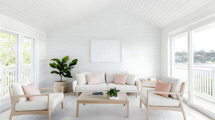Coastal Style White Living Room With Natural Light