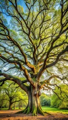 Fototapeta premium Large tree with gnarled branches and trunk in forest landscape