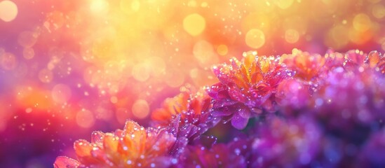 Vibrant flower blossoms in dew drops