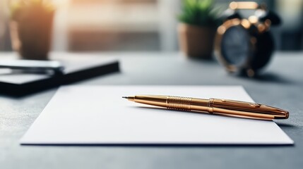 Fototapeta premium Elegant gold pen resting on a blank white paper sheet with a blurred desk background in natural daylight