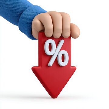 Hand holding percentage arrow down on a white background