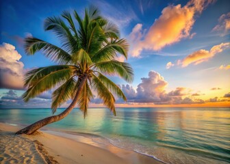 Palm tree surrounded by calm turquoise waters and soft white sand on a tropical beach at sunset