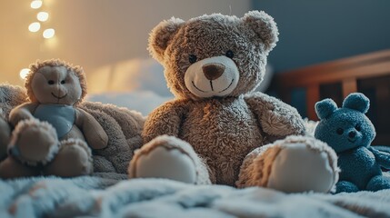 Teddy bear gathering with friends on cozy blanket bedroom cute plush toys soft lighting charming scene