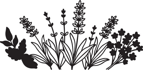 Seamless floral pattern with green grass, leaves, and flower silhouettes, a natural spring vector illustration