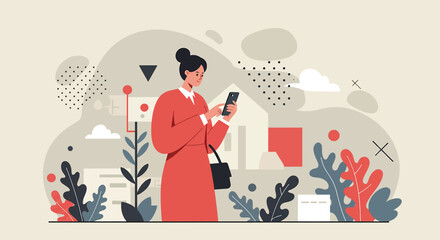 a woman in a red dress standing in front of a house with plants and plants