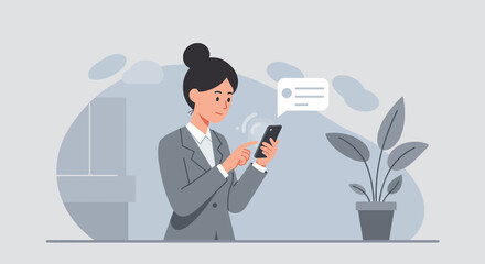 a woman in a suit is using her phone Modern Flat Vector Illustration. Suitable for Landing Page, Marketing Presentation, Infographics, Social Media Posts, Blog Illustration, etc.