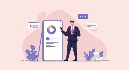 a man in a suit standing next to a phone Clean Flat Style Vector Illustration. Suitable for Landing Page, Marketing Presentation, Infographics, Social Media Posts, Blog Illustration, etc.