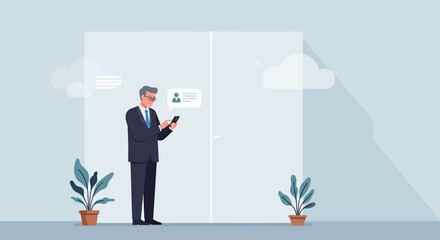 a man in a suit standing in front of a door with a phone