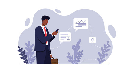 a man in a suit is using his phone Modern Flat Vector Illustration. Suitable for Landing Page, Marketing Presentation, Infographics, Social Media Posts, Blog Illustration, etc.