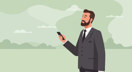 a man in a suit is looking at his phone Contemporary Flat Vector Illustration. Suitable for Landing Page, Marketing Presentation, Infographics, Social Media Posts, Blog Illustration, etc. 
