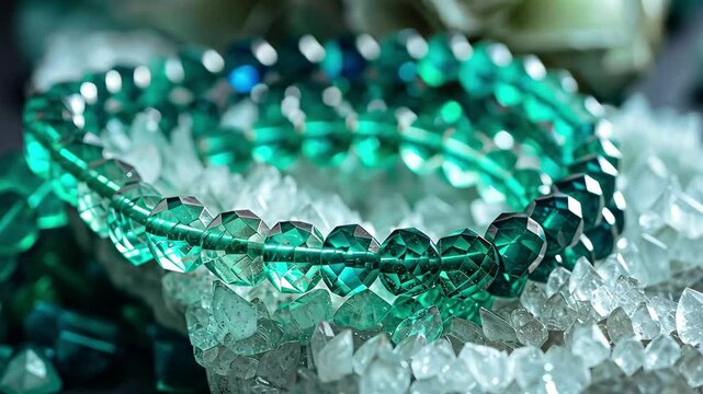 Beautiful crystal bracelets with a gradual transition from deep emerald to clear are elegantly arranged on sparkling quartz, showcasing their stunning hues and reflections