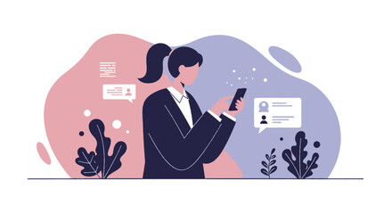a woman in a suit is using her phone Clean Flat Style Vector Illustration. Suitable for Landing Page, Marketing Presentation, Infographics, Social Media Posts, Blog Illustration, etc.