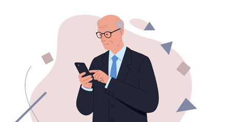 an older man in a suit and tie using a smart phone Modern Flat Vector Illustration. Suitable for Landing Page, Marketing Presentation, Infographics, Social Media Posts, Blog Illustration, etc.