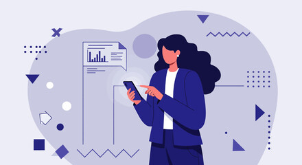 a woman in a suit is looking at her phone Minimalist Vector Design. Suitable for Landing Page, Marketing Presentation, Infographics, Social Media Posts, Blog Illustration, etc.