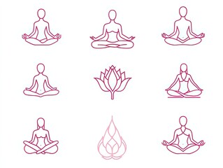 Flat style yoga woman illustration set: Multiple pastel poses with mat and leaf elements on white background. Minimalist doodle characters for fitness logos, health apps, digital content