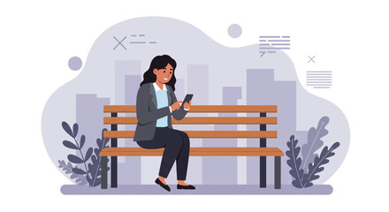 a woman sitting on a bench with a cell Contemporary Flat Vector Illustration. Suitable for Landing Page, Marketing Presentation, Infographics, Social Media Posts, Blog Illustration, etc. 