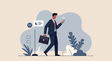 a man in a suit is walking with a briefcase Clean Flat Style Vector Illustration. Suitable for Landing Page, Marketing Presentation, Infographics, Social Media Posts, Blog Illustration, etc.