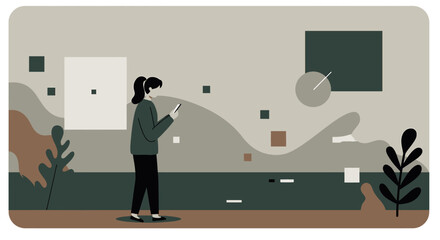 a person standing in a room with a plant Modern Flat Vector Illustration. Suitable for Landing Page, Marketing Presentation, Infographics, Social Media Posts, Blog Illustration, etc.