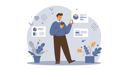 a man standing in front of a wall with a phone Minimalist Vector Design. Suitable for Landing Page, Marketing Presentation, Infographics, Social Media Posts, Blog Illustration, etc.