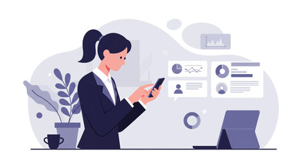 a woman in a suit is using her phone Elegant Business Concept Flat Vector Illustration. Suitable for Landing Page, Marketing Presentation, Infographics, Social Media Posts, Blog Illustration, etc.