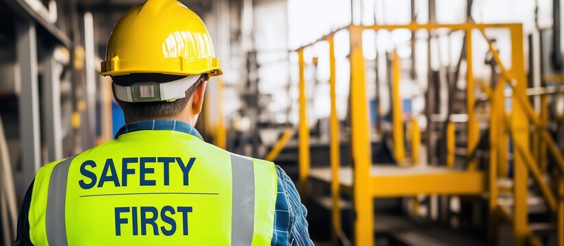 Worker in safety vest and helmet facing factory floor, highlighting a proactive safety-first approach in industrial operations.