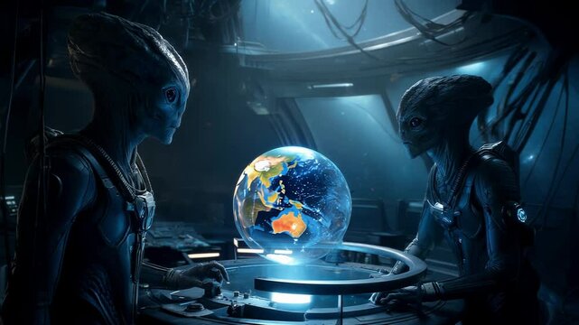 Alien Beings Conducting an Analysis of Earth from a Futuristic Control Room