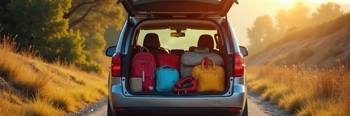 A family's minivan is packed for a road trip, luggage overflowing, ready for adventure Excited anticipation hangs in the air as they prepare to embark on their journey , memories, bags