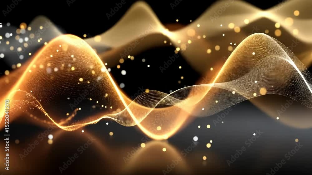 Poster dynamic abstract waveforms with sparkling particles in golden and silver tones