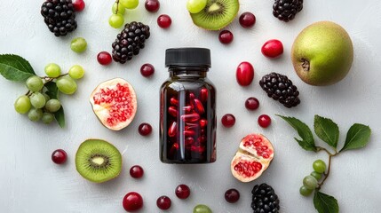 Nutritional supplements and fresh fruits kitchen table product photography bright setting overhead view healthy living concept