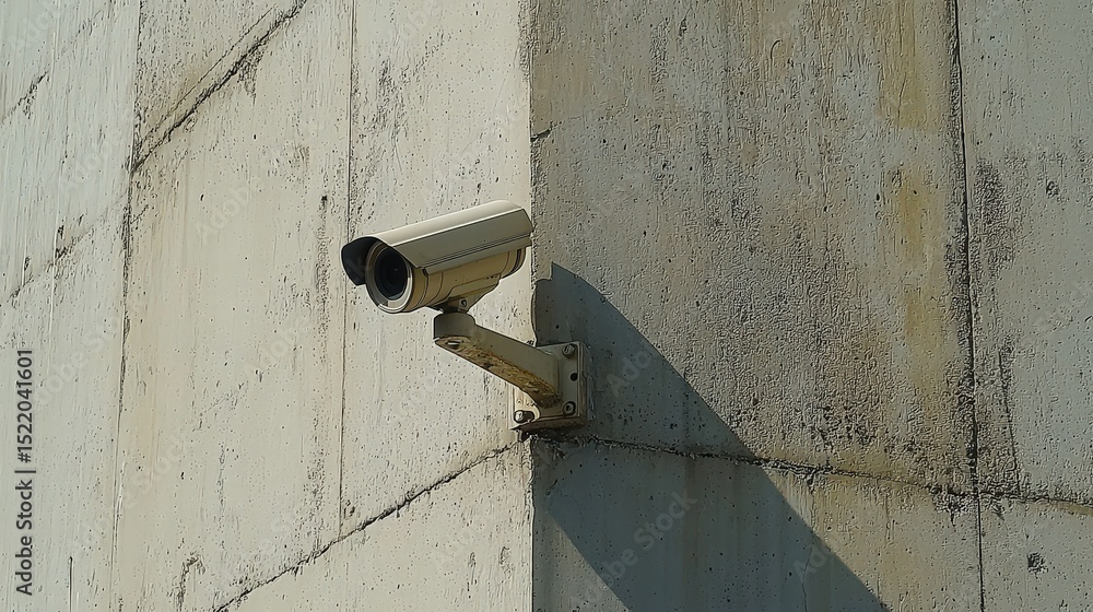 Poster surveillance camera installation urban environment technology concrete wall side viewpoint security 