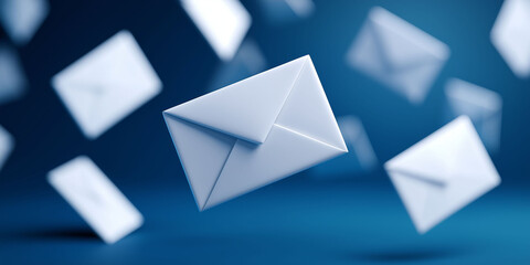 A close-up of white envelopes flying in the air on a blue background, symbolizing mail and e-mail, with postage to convey concepts such as business technology, online concepts, global internet connect