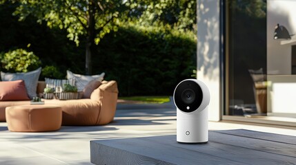 Smart home security camera outdoor patio technology device modern environment close-up view surveillance concept