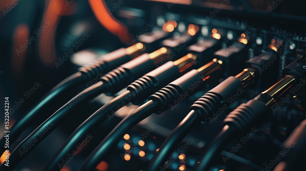 Poster Network connections in a high-tech environment close-up view of cables and connectors in a modern data center